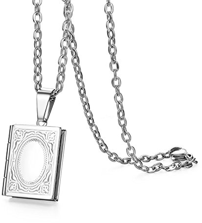 JewelryWe Schmuck Edelstahl Foto Medaillon zum Öffnen Photo Bilder Amulett Silber Quadrat Quadratisch Book Buch Anhänger Halskette Kette für Herren Damen - Kostenlose Gravur