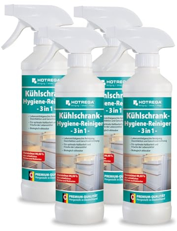 HOTREGA Kühlschrankreiniger 3in1 4x 500ml | Hygienereiniger gegen Bakterien | Beseitigt Schimmel, Fett & Gerüche | Für Gefrierschrank, Mikrowelle + Speisekammer | 10 Min. Einwirkzeit | Biozid N-115953