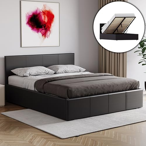 Vida Designs Lisbon King Ottoman Bed Frame | Black | 87 H X 157 W x 210 D cm | Faux Leather | Padded Headboard | Low Foot End | Gas Lift | Large Storage | UKFR | Modern Bedroom Furniture