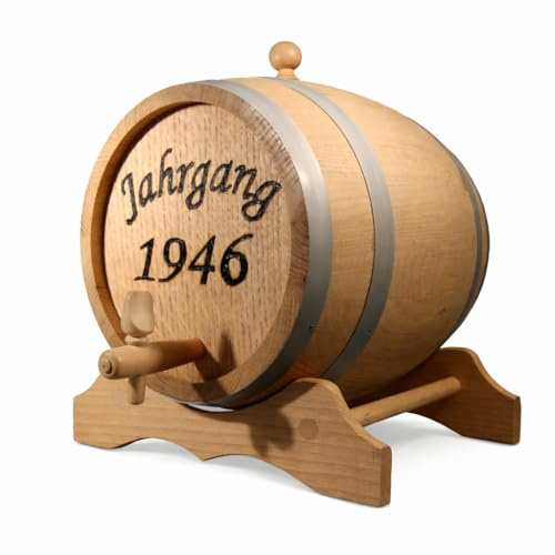 Eichenfass Holzfässer 1, 2 oder 3 Liter, unlackiert inkl. Stopfen, Hahn und Bock aus Holz mit individueller Brandgravur Einer Personalisierung