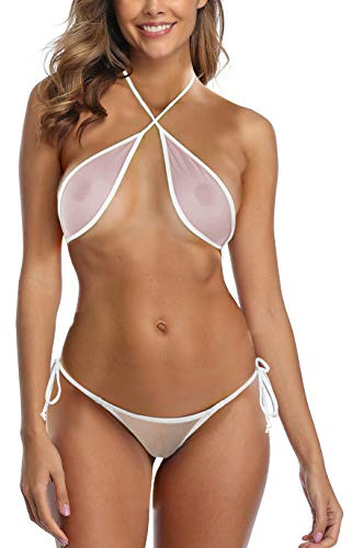 SHERRYLO Bikini transparente, mini bikinis transparente, traje de baño extremo, tanga brasileño, tanga de microkini, traje de baño exótico, 20102-blanco, Talla única