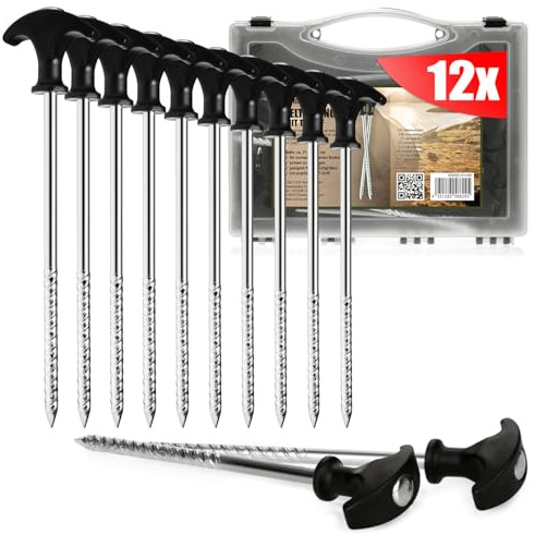 com-four® 12x Zelt-Heringe aus Stahl, robuste Erdnägel mit Gewinde | ideal für normalen und harten Boden mit T-Griff
