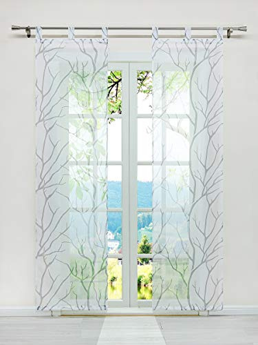 ESLIR Schiebegardinen Set 2er Flächenvorhänge Gardinen mit Schlaufen Schiebevorhang Transparent Schlaufenschal mit Zweige Muster Voile Weiß-Grau BxH 57x145cm 2 Stück