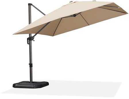 PURPLE LEAF Sonnenschirm 300 × 300 cm Groß mit Kreuzfuß Sonnenschutz, Beige | Alu Ampelschirm, Rostbeständig & Langlebig, Kurbelöffnung & 360° Fußpedal-Drehung, Einfache Bedienung, Flexibel Verstellbar