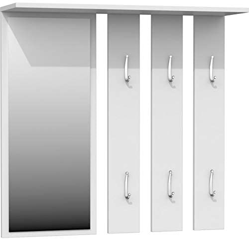 ADGO Opal 2in1 Garderobe Set Flur Weiß, Flurgarderobe Set modern Ankleidezimmer, 6 Kleiderhaken und Ablage, Hallway Furniture, Garderobenpaneel, Wandspiegiel, Wandgarderobe (Spiegel + Kleiderbügel)