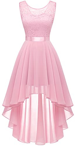 BeryLove spetsklänning dam, elegant vokuhila cocktailklänning, ärmlös aftonklänning, chiffong, bröllopsklänning, brudtärneklänning, ROSA, L