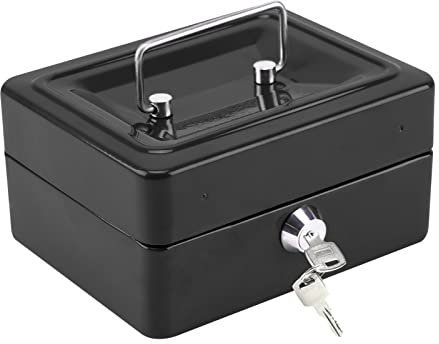 Shoze Cash Box 6 Metal Money Box with 2 keys Lockable Portable Petty Cash Deposit Tin with Removable Change Tray for Kids Shop Office Home (Black)