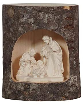 Weihnachtskrippe aus Holz mit Maria, Jesus und Josef aus Baumstamm hergestellt in Gardenaal (Natur)