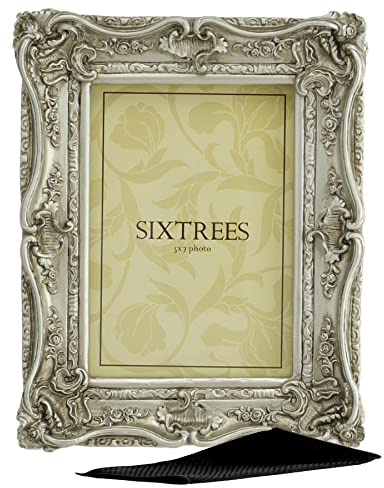 Sixtrees Chelsea 5-255-57 Ornate Vintage Swept Shabby Chic Silver 7x5 inch Photo frame - with Microfibre glass cleaning cloth.