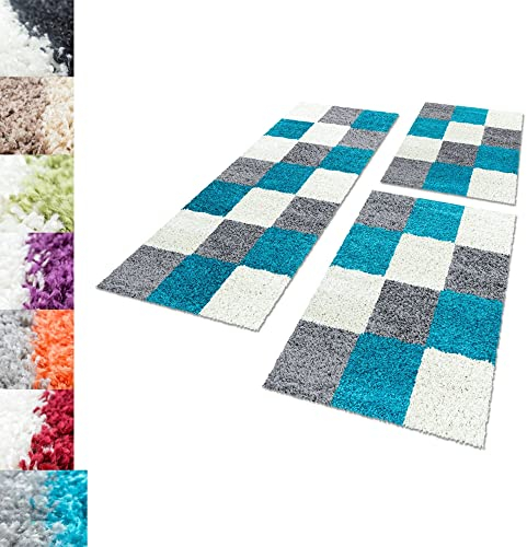 Carpettex Bettumrandung Schlafzimmer 3teilig Shaggy Teppich Hochflor Karo Muster Türkis Bettset:2 mal 60x110 + 1 mal 80x150 - Bettvorleger Schlafzimmer Läuferset Weicher Langflor Bettumrandung Teppich