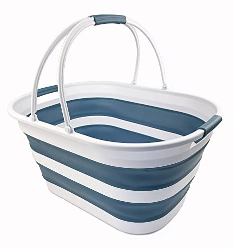 SAMMART Cesta de lavandería plegable de plástico de 38 litros - Contenedor de almacenamiento plegable/organizador - Bañera portátil - Cesta de lavandería que ahorra espacio (blanco/gris)