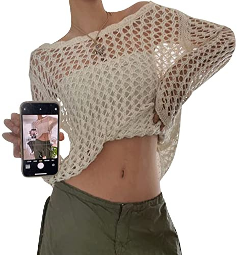 Yassiglia Women's Y2K Crochet Long Sleeve Pullover, Sexy Hollow Out Crop Tops See Through Fishnet Top Cover Up Shirt (White, M)