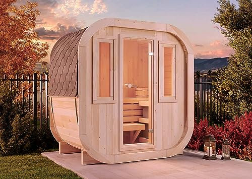 FinnTherm Fasssauna ScandiCube Mini XXS Fasssauna 1 Sitzbänke aus Holz, Sauna mit 42 mm Wandstärke, Außensauna mit Montagematerial