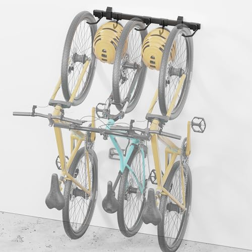 monTEK Porte-vélos, 3 porte-vélos et 2 crochets pour casque pour rangement intérieur de vélo, cintres en acier robuste pour garage, support mural pour vélo, capacité maximale de 95,3 kg, 81,3 cm