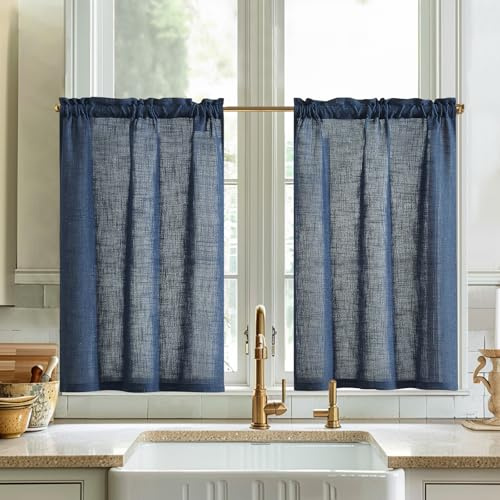 Vangao Scheibengardinen Modern Bistrogardine 2er Set 65Bx60Hcm, Dunkelblau | Indigo Blau Einfarbig Küchengardinen mit Stangendurchzug Lichtdurchlässig Gardinen Kurz, Küche Fenster Wohnwagen Wohnzimmer