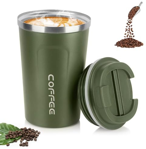 hzbaiyi Coffee Cup, 380ml Vacuum Insulated Travel Mug, Leakproof Double Wall Stainless Steel Reusable Coffee Cup with Lid for Hot & Cold Drinks (Dark Green)