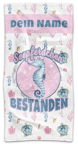 Print Royal PR Kinder-Handtuch mit Name personalisiert - Seepferdchen bestanden - Rosa, Geschenk für Mädchen, Schwimmunterricht, Handtuch Personalisieren | 70 x 140 cm