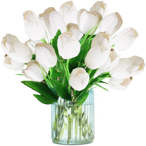 astylishome Künstliche Tulpen für den Außenbereich, fühlen sich echt an, für Hochzeit, Brautstrauß, Arrangements, Zuhause, Party, Hotel, DIY-Dekoration, Weiß, 0112 Stück