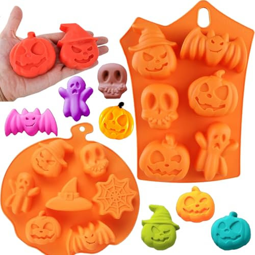 Halloween Kürbis Silikon Backformen | 2er-Set mit 7 Motiven – Antihaft & BPA-Frei, Ideale Halloween Backform Kürbis für Schokolade, Kekse & DIY Bastelprojekte, Backzubehör (Halloween - Pack 2)