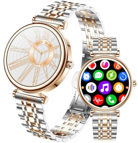 Rose Gold Women's Smart Watch with Heart Rate & Sleep Monitor for Android and iOS (Two-Tone Rose Gold Steel RT-i109)1.27 Color Screen Fitness Activity Tracker