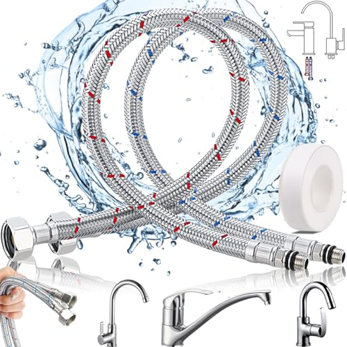 Brateuanoii 2 Stück Anschlussschlauch Armatur G3/8 x M10-60Cm, Flexschlauch Verlängerung, Panzerschlauch, Edelstahl Panzerschlauch Wasserhahn, Sanitär Armaturenschlauch, Mit PTFE-Band