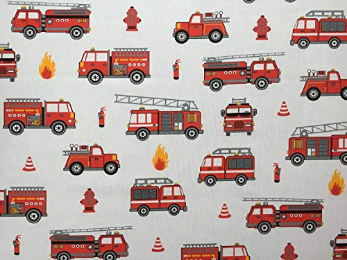 50x160cm Feuerwehr Stoffe zum Nähen: 0,5m fester Kinder Baumwollstoff für Kinder - Kinderstoffe aus 100% Baumwolle - mit Fahrzeuge, die für Jungen klasse sind - keine Meterware