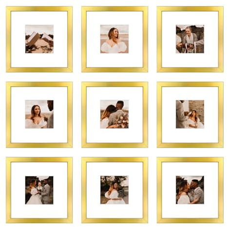 BSRHOME Bilderrahmen-Set, 20,3 x 20,3 cm, 9 Stück, mit Passepartout oder 20,3 x 20,3 cm ohne Passepartout, quadratisch, für Wand oder Tischplatte, Gold
