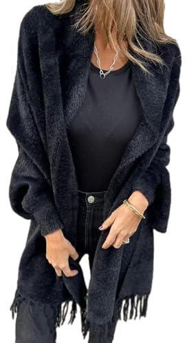 Nuovo Casual Scialle Giacca, Donna Scialle Maglia Coperta Avvolgente Frange Poncho Cappotto Cardigan, Donna Batwing Maglia Slouchy Oversize Cardigan Avvolgente Maglione (Nero,L)