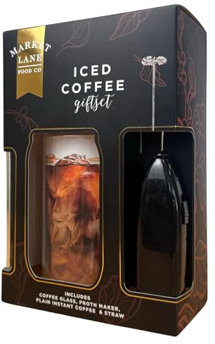 Iced Coffee Gift Set by Market Lane Food Co - Includes Iced Coffee Glass, Froth Maker, Instant Coffee and Reusable Glass Straw - Perfect Coffee Kit - Ideal Christmas or Birthday Present