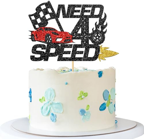 Need Four Speed Cake Topper - Race Car Checkered Flag Cake Supplies - Racing Car 4th Birthday Party - Sport Party Decorations - Black Glitter