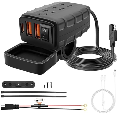 Hoembpn Wasserdichtes Motorrad USB Ladegerät [2 USB-A +1 Type-C] mit EIN/Aus-Schalter und LED, Multi USB Kabel, Motorrad Steckdose für 12V-24V Fahrrad, ATV, Boote (10A Sicherung)