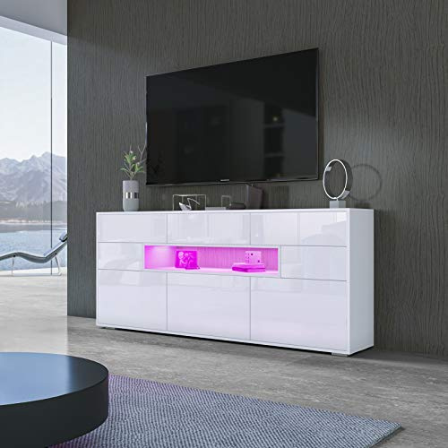 Buffet moderne à LED avec rangement pour le salon - Meuble TV noir brillant avec 3 portes et 5 tiroirs - Meuble de maison contemporain (blanc)