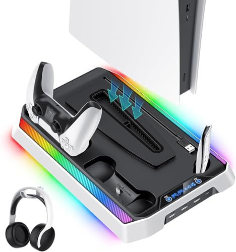 JORREP Ladestation für PS5/Slim/Pro Stand und Controller Ladestation für PS5 Konsole mit Lüfter, Dual Controller Ladegerät,Kühlständer,Headset Halterung, PS5/Slim/Pro Zubehör
