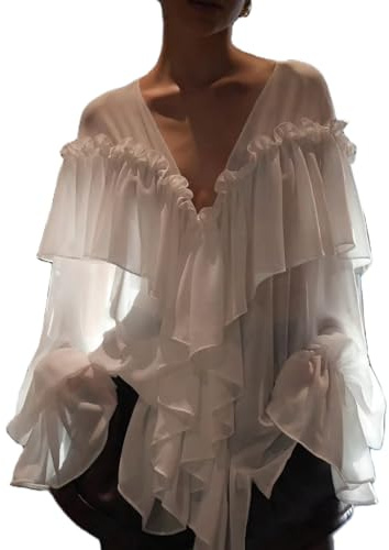 Top da donna con volant sul davanti, stile boho, a maniche corte, in rete trasparente, con ricamo floreale, in pizzo, per estate e autunno, street, Volant Bianco, Small