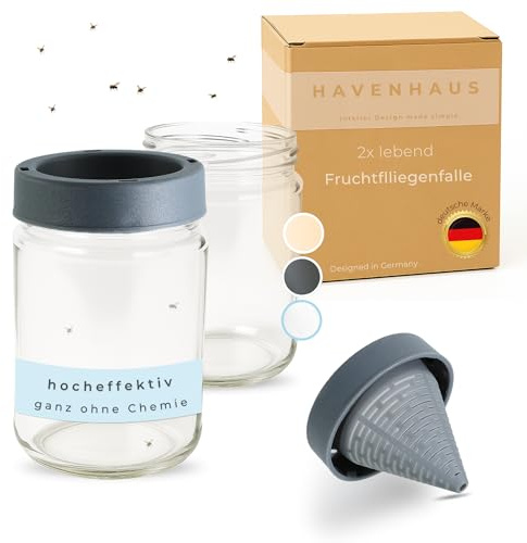 HAVENHAUS Fruchtfliegenfalle wiederverwendbar Glas 2er Set | Obstfliegenfalle für Küche | Fruchtfliegen dauerhaft loswerden | Fruit Fly Trap | Lebendfalle Fliegenfalle gegen Fruchtfliegen