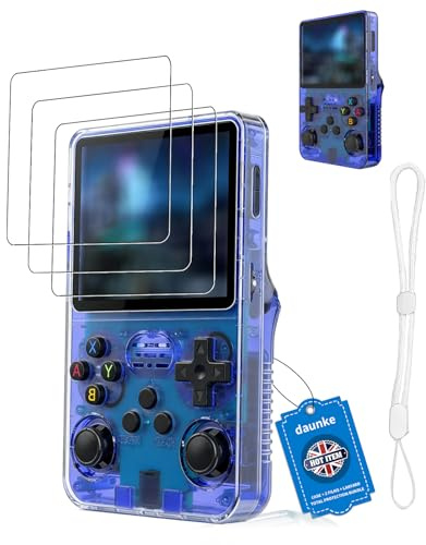 daunke Case for R36s Retro Handheld Game Console ,3-in-1 Protective Bundle [TPU Case + 3 Pack 9H Tempered Glass Screen Protectors + Anti-Lost Lanyard],Shockproof,Scratch Proof,Travel Portable Durable
