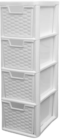 SIDSONS - Medium Rattan Effect Drawer Storage Unit Plastic Cabinet with Spacious Drawers for Home Office Bedroom Living Room Organisation Durable Stylish Lightweight Design (Rattan White, 4 Tier)