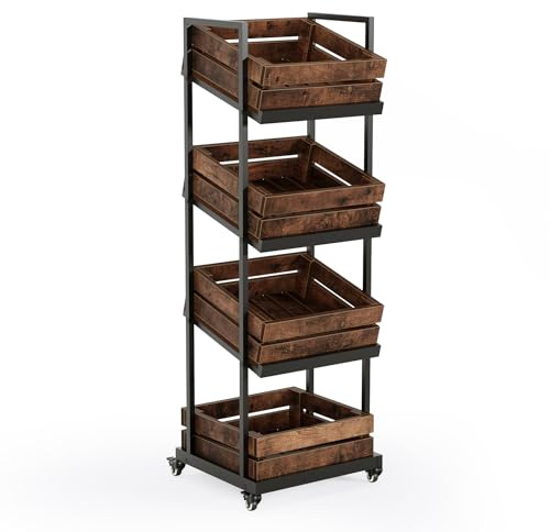 LITTLE TREE 4-Tier Basket Stand with Locked Wheels, Mobile Fruit and Vegetable Storage, Floor Stand Rack, Utility Shelf, for Kitchen, Living Room, Pantry (Rustic Brown)
