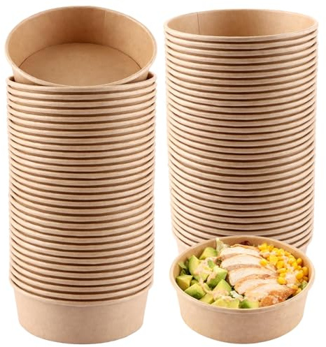 LOLYSIC Lot de 100 Boîtes Bol en Carton Kraft 500 ML sans Couvercle, Barquettes Frite Kraft 149x128x45mm, Récipient Emballage pour Restauration, Salade et Snack