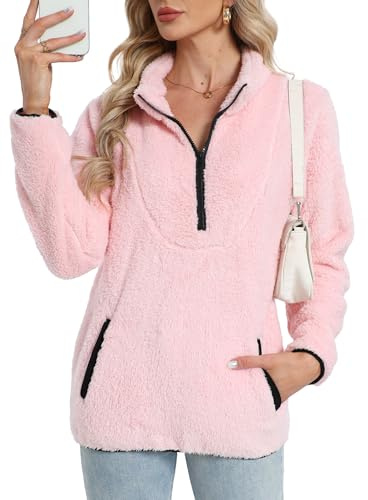 Koerye Pull Femme Casual Polaire Zippé Streetwear 1/4 Zippé Polaire Chaud Sweat-Shirt avec Poche Élégant Streetwear Pullover Automne Hiver Rose,L