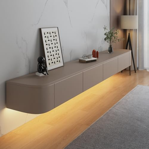HYANXUE Soporte de TV Flotante, Estantes de TV Montados en la Pared Con Puerta, Consola de Medios para TV, Gabinete de TV Flotante con Gran Almacenamiento Bajo la TV (Caqui+LED, 140CM/55.1)