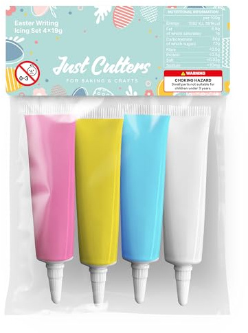 JUST CUTTERS Pack of 4 x 19g Pink, Yellow, Blue, White Writing Icing Tubes | Ready To Use | Instant Icing Pens for Writing, Drawing & Personalising Cakes, Biscuits & Baking