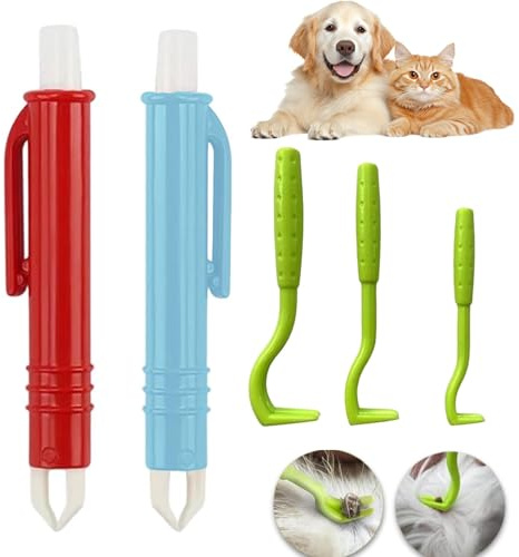 LEOUEANR Lot de 3 peignes anti-puces pour chat et 2 pinces à puces avec crochets à tiques pour chiens, chats et humains (bleu/rouge)