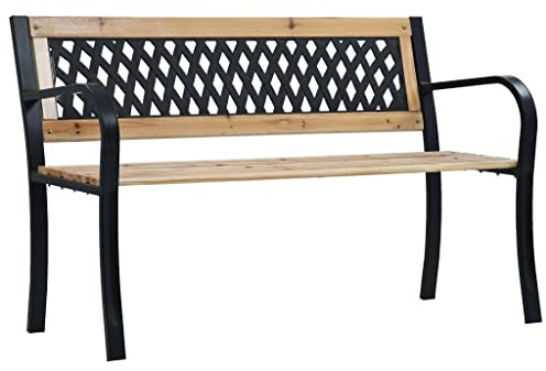 Tonture Gartenbank 120 cm Holzbank mit Stahlgestell, wetterfeste Sitzgelegenheit für Terrasse, Balkon und Außenbereich, robuste Parkbank mit Kunststoff Rückenlehne und Armlehne, massiv und langlebig