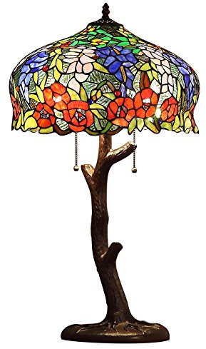Bieye L10523 Wisteria Flower Tiffany Style Stained Glass Table Lamp with Tree Trunk Base for Home Decoration (Multi-Colored, 16-inch Wide)