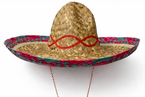Brandsseller Sombrero di Paglia Ø 60 cm - Cappello Messicano Unisex - Cappello Estivo per Sole, Spiaggia, Carnevale e Feste – Naturale/Blu/Rosso