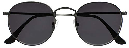 OPULIZE Sol Sonnen Leser Brille Dünner Rand Runde Retro-Metallfassungen Kratzfest Getönte Linse UV400-Schutz Metallgrau Schwarze Spitzen Herren Damen S94-7 +1.50