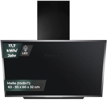 YUNA Dunstabzugshaube DUSICA 60 cm Schwarz Glasfront 3 Leistungsstufen 47W Motorleistung Energieeffizienz A Abluft Umluft Kopffrei LED Beleuchtung Ohne Kohlefilter Wandhaube
