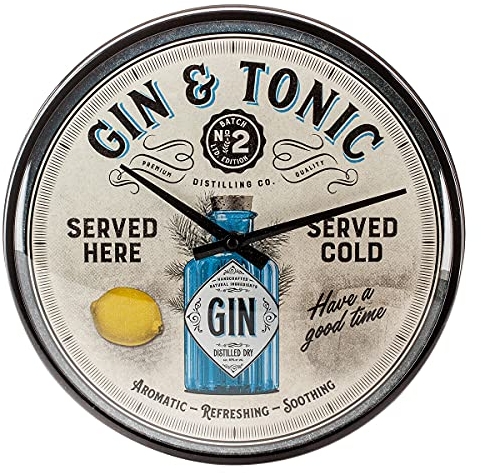 Nostalgic-Art Retro Wanduhr, Ø 31 cm, Gin & Tonic Served Here – Geschenk-Idee als Bar-Zubehör, Große Küchenuhr, Vintage Design