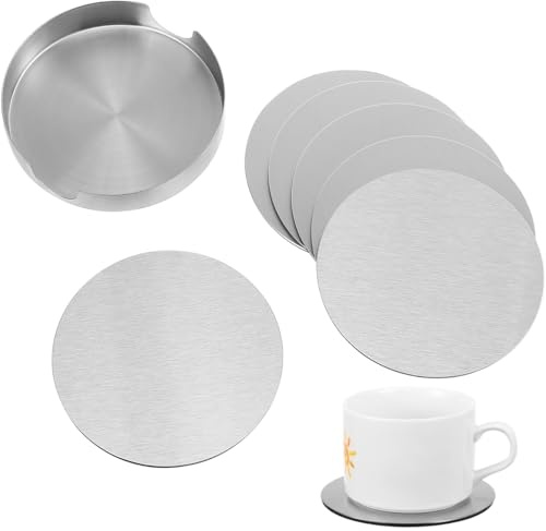 Lurrose Stainless Steel Coasters: Set of 6 Silver Coasters - 10cm Round Metal Cup Mats with Non-Slip Eva Base, Table Protectors for Home Bar, Office and Kitchen